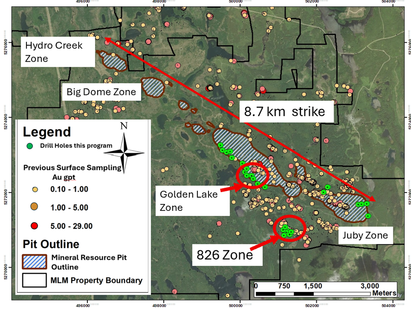 Juby Gold Project – Plan View of Exploration Drilling Program Showing Drill Hole Locations at Golden Lake, Juby, and 826 Zones