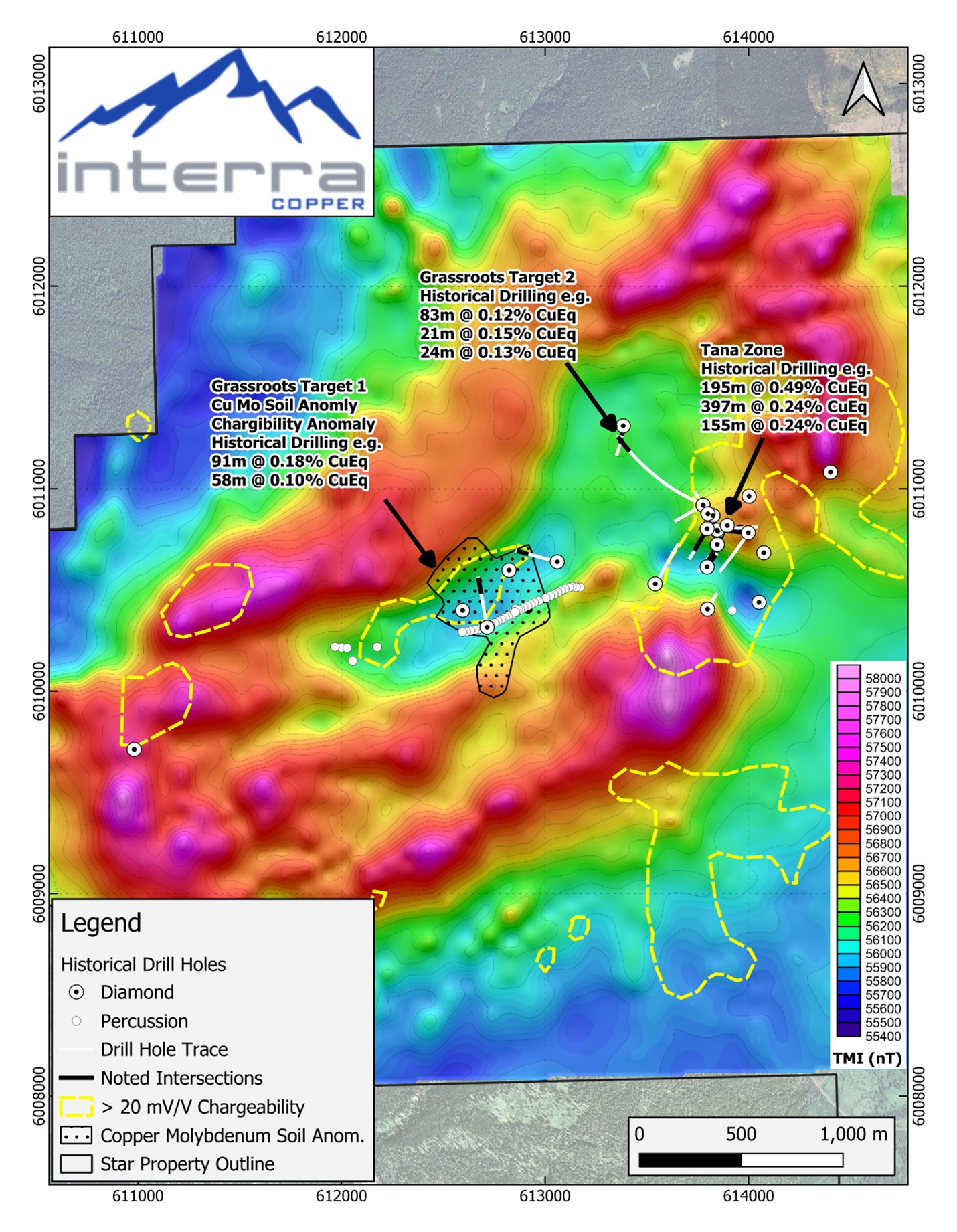 Map of Exploration Targets on the Stars Property. Datum NAD83 UTM Zone 9. Historical drilling and exploration vectors on total-magnetic-intensity geophysical map