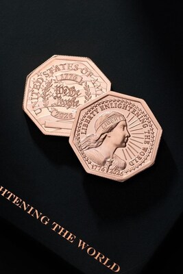 Lady Liberty Enlightening the World, limited-edition coin made with copper removed from the Statue of Liberty during its restoration and commemorating 250th anniversary of the United States of America. Lady Liberty Enlightening the World, limited-edition coin made with copper removed from the Statue of Liberty during its restoration and commemorating 250th anniversary of the United States of America.