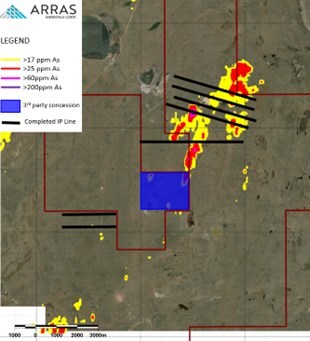 Figure 3. Aimandai soil Cu and As pXRF anomalies. (CNW Group/Arras Minerals Corp.)