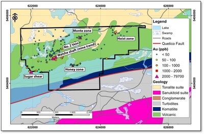 Figure 1. Falcon Gold’s Central Canada property with gold-bearing zones discovered to date. (CNW Group/Falcon Gold Corp.)