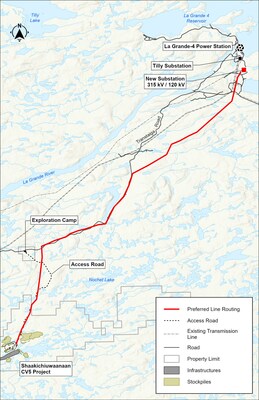 Figure 2: LG4 Power Station and the Proposed Shaakichiuwaanaan Power Line Corridor. (CNW Group/PMET Resources Inc.)