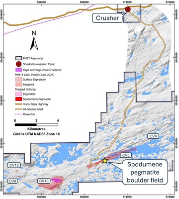Figure 1: Location immediately adjacent to outcropping CV5 Pegmatite where the spodumene pegmatite boulders were collected. (CNW Group/PMET Resources Inc.)