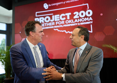 Oklahoma Governor Kevin Stitt (left) and University of Oklahoma President Joseph Harroz Jr. (right). Photo by Travis Caperton.