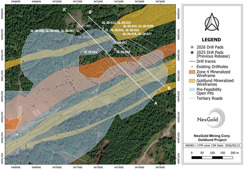 Plan map showing the location of the Goldlund Zone 4 infill drill holes
