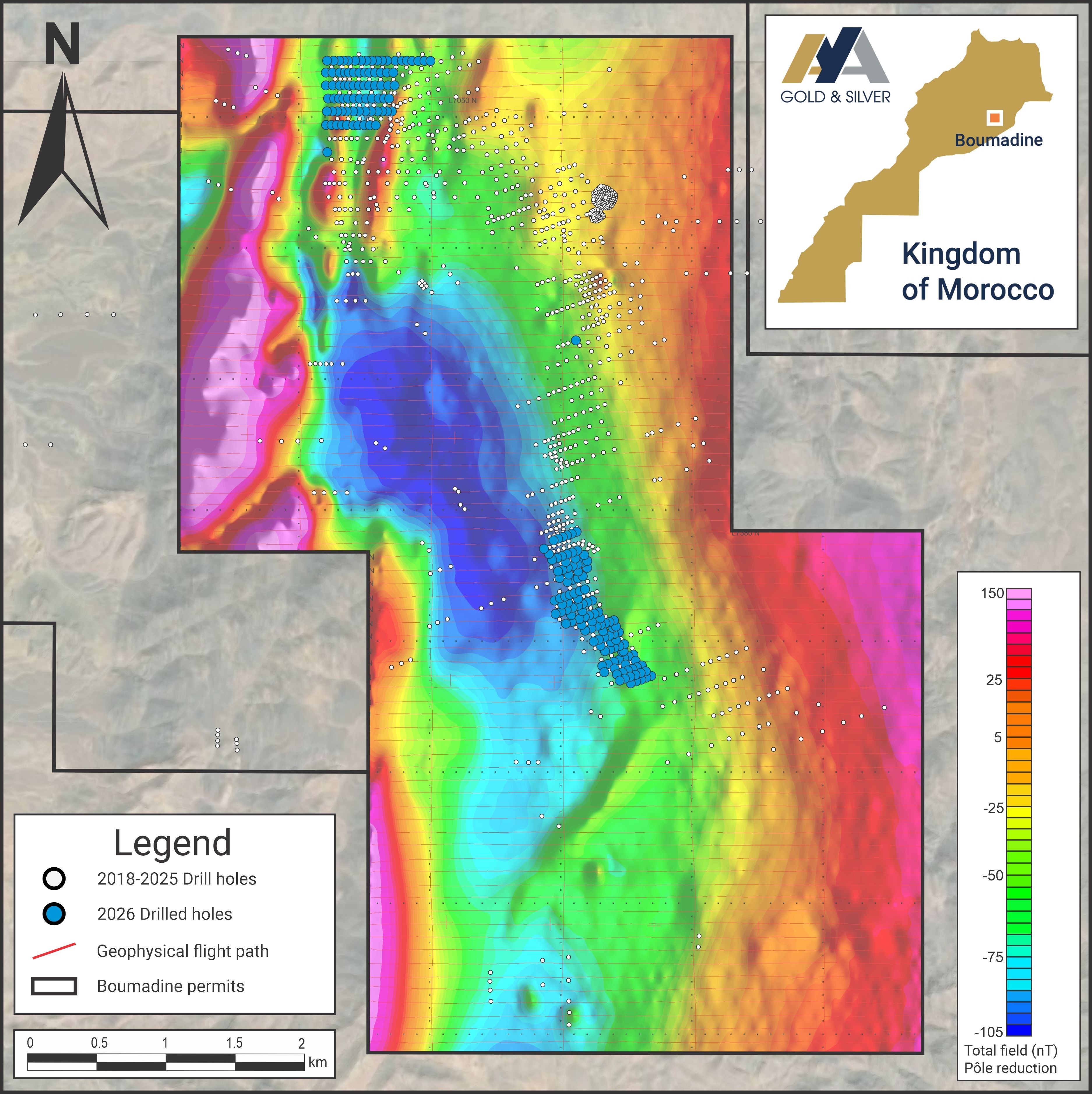 Figure 1 – Boumadine Mining Licence Surface Plan with Magnetic Data (Residual Total Field) and 2026 Drill Holes