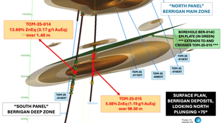 3D plan view showing drill holes TOM-25-009 to TOM-25-013