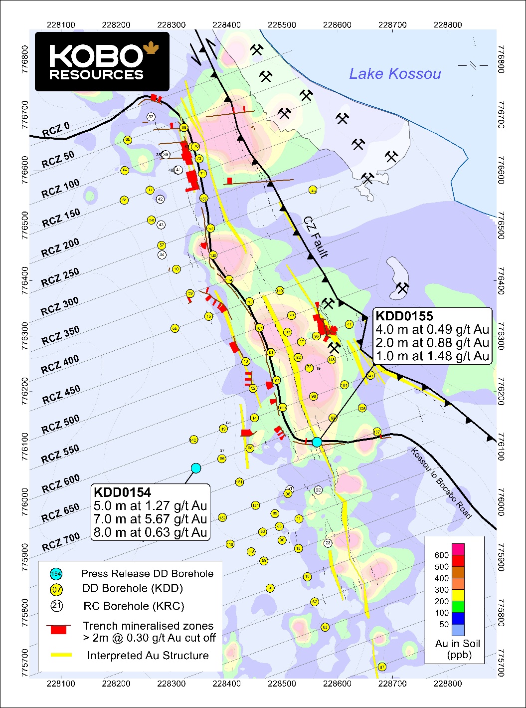 Figure 2: Road Cut Zone Simplified Geology with Drill Hole Collar Locations