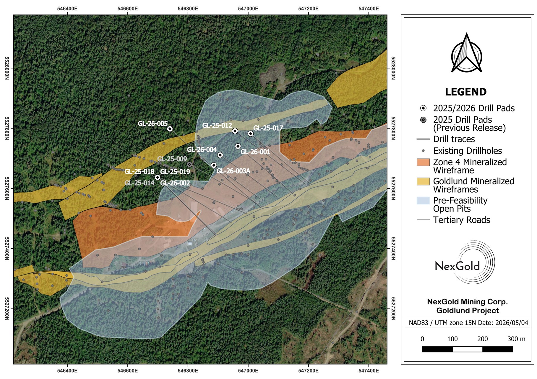 Plan map showing the location of the Goldlund Zone 4 infill drill holes