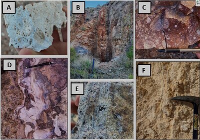 Figure 2 - Rock and outcrop photographs at South Bullfrog showing steam heated alteration at Longtail (2A), iron oxide and silica alteration along a brittle fault at Shingleback (2B), subrounded heterolithic breccias and chalcedony at Sledge (2C and 2D), vuggy silica at Bottoms-up (2E), and quartz-sericite alteration at Southeast Block (2F). (CNW Group/Bullfrog Gold Corporation)