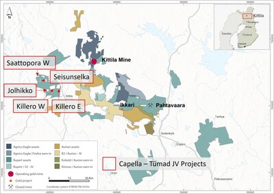 Figure 1. Location map of the Capella-Tümad JV projects in Northern Finland (Killero E, Killero W, Jolhikko, Seisunselka, Saattopora W), together with the project areas acquired by Agnico as part of its consolidation of the Central Lapland Greenstone Belt. https://www.agnicoeagle.com/English/news-and-media/news-releases/news-details/2026/AGNICO-EAGLE-TO-CONSOLIDATE-FINLANDS-CENTRAL-LAPLAND-GREENSTONE-BELT-IN-THREE-SEPARATE-TRANSACTIONS/default.aspx (CNW Group/Capella Minerals Limited) Figure 1. Location map of the Capella-Tümad JV projects in Northern Finland (Killero E, Killero W, Jolhikko, Seisunselka, Saattopora W), together with the project areas acquired by Agnico as part of its consolidation of the Central Lapland Greenstone Belt. https://www.agnicoeagle.com/English/news-and-media/news-releases/news-details/2026/AGNICO-EAGLE-TO-CONSOLIDATE-FINLANDS-CENTRAL-LAPLAND-GREENSTONE-BELT-IN-THREE-SEPARATE-TRANSACTIONS/default.aspx (CNW Group/Capella Minerals Limited)