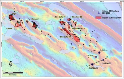 Figure 1:  Localisation map of the Blue lake mineralised lenses and 2026 DDH location over the 2011 CVG shaded aeromagnetic map. (CNW Group/Cupani Metals Corp.)
