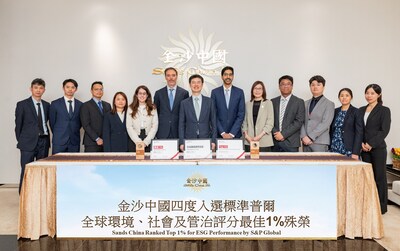 Chief Executive Officer and Executive Director of Sands China Ltd. Grant Chum (centre), Executive Vice President, General Counsel and Company Secretary Dylan Williams (sixth from left), Vice President of Sustainability and Environmental, Social and Governance Pranav Jampani (sixth from right), and other team members display the company’s certificates and trophies from the S&P Global Sustainability Yearbook 2025. Chief Executive Officer and Executive Director of Sands China Ltd. Grant Chum (centre), Executive Vice President, General Counsel and Company Secretary Dylan Williams (sixth from left), Vice President of Sustainability and Environmental, Social and Governance Pranav Jampani (sixth from right), and other team members display the company’s certificates and trophies from the S&P Global Sustainability Yearbook 2025.