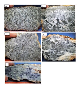 3a. Granular to breccia-textured quartz veins with significant coarse disseminated pyrite with some hosting abundant bright green mica believed to be phengite or roscoelite (Fig. 3b).4. Banded pyrite-silica along vein walls, with banded quartz-pyrite-chlorite infilling tension gashes. 5. Grey, vuggy silica breccia containing pyrite and occasional grains believed to be fluorite. 6.Quartz-vein breccias. 7. Molybdenite-bearing quartz vein. (CNW Group/Northern Shield Resources Inc.)