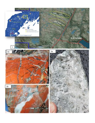 1. Map showing location of Rattle and Jasper Brook relative to the Fortune and Root & Cellar Properties. 2a. Jasperoid hosting several phases of pyrite-bearing grey quartz veins with trace chalcopyrite and bornite, which are cut by a later phase of crustiform-colloform banded quartz veins (Fig. 2b). (CNW Group/Northern Shield Resources Inc.)