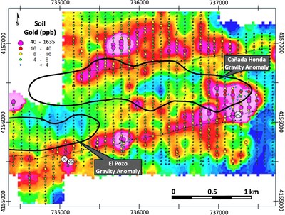 Figure 4 – Soil gold geochemistry and priority target areas across the Cañada Honda and El Pozo corridor (CNW Group/Pan Global Resources Inc.)