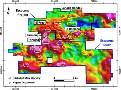 Figure 1 – Escacena Project gravity anomaly map showing Cañada Honda, La Romana, Escacena South (expanded) and priority exploration targets (CNW Group/Pan Global Resources Inc.)