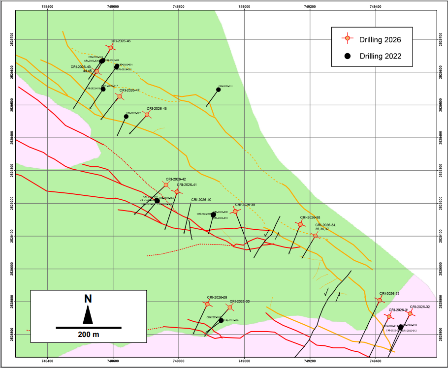 Geological map showing distribution of EL Cristo veins and the location of 2022 and 2026 drill holes.