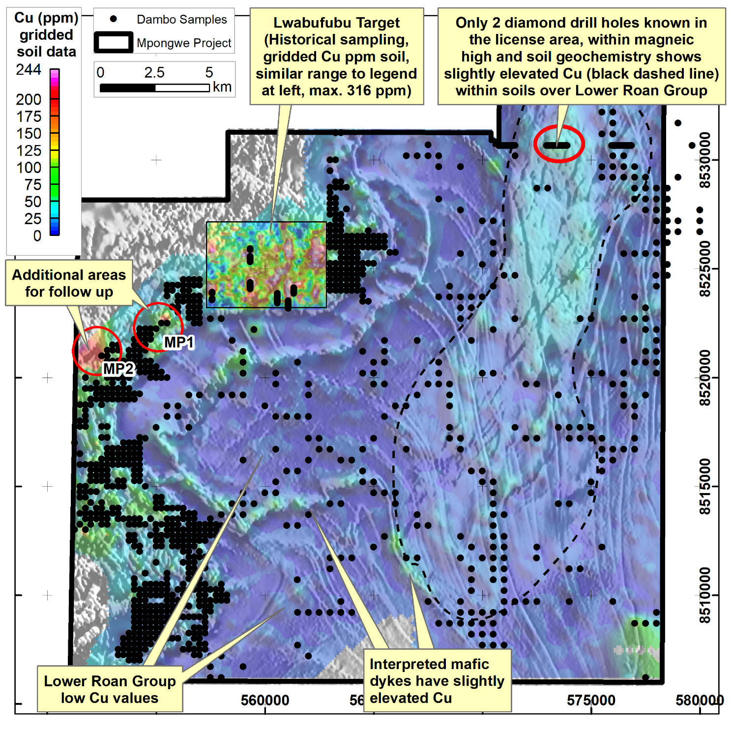 Gridded 2025 soil results (Cu) as a transparent layer on greyscale first vertical derivative magnetic data