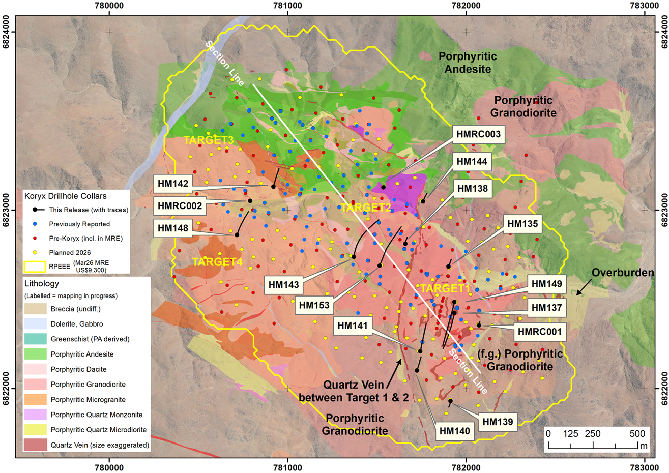 Figure 1: Plan view indicating recent drill hole locations. Results indicated in black are shown on the long section below