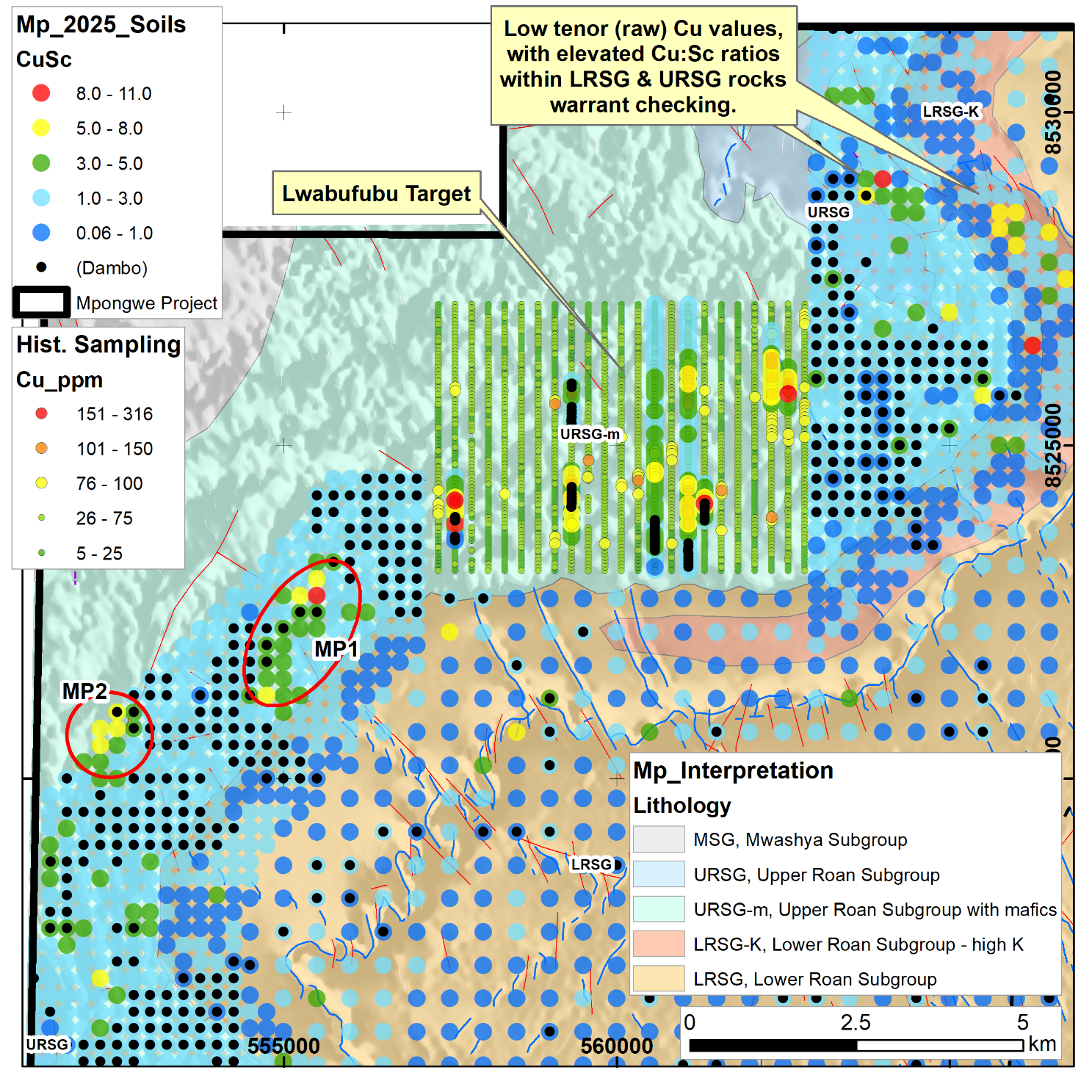 Lwabufubu target and MP1 and MP2 soil geochem anomalies.