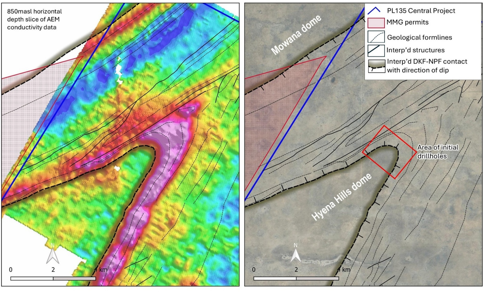 Location of Leviathan’s Central Project showing the initial drill targeting relative to (i) the Hyena Hills Dome, and (ii) airborne EM data, relative to MMG’s Khoemacau group of deposits and discoveries.