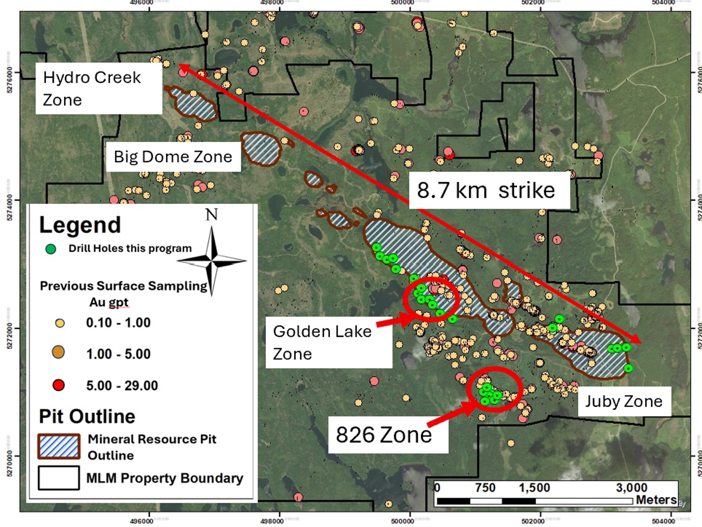 Juby Gold Project - Plan View of Exploration Drilling Program Showing Drill Hole Locations at Golden Lake, Juby, and 826 Zones