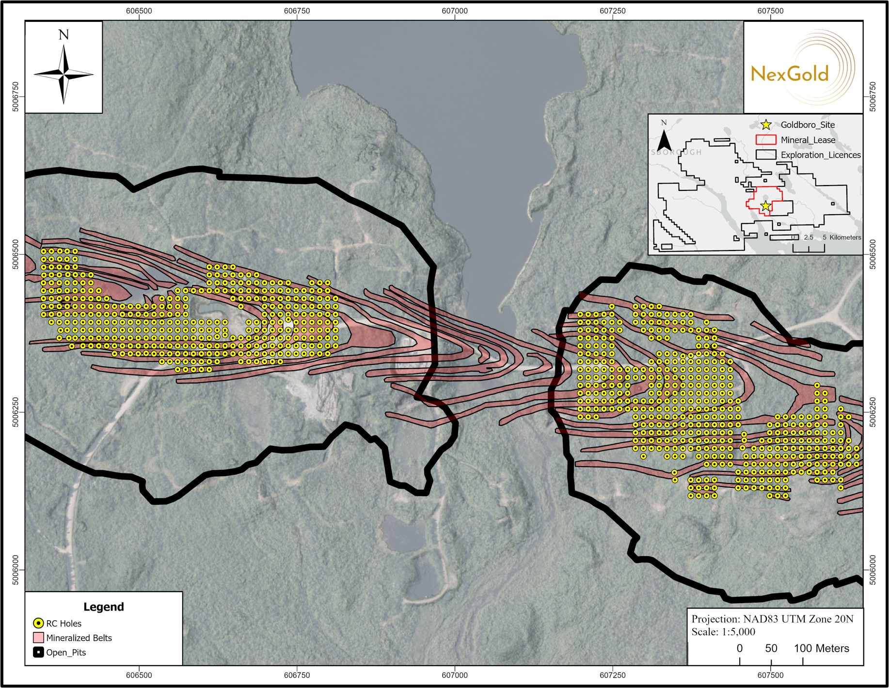 Map showing the Goldboro Project location and the planned drill hole location within current drill program relative to planned early-years of mining as reported in the 2021 Feasibility Study.