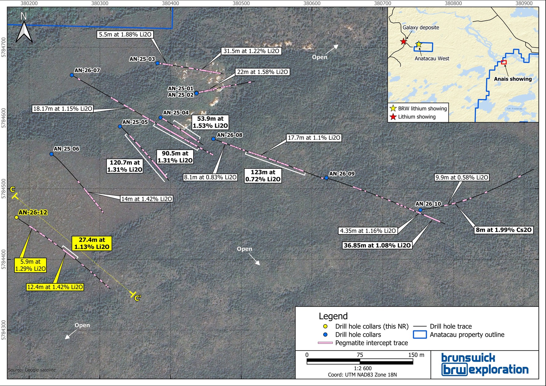 Surface Map of the Anatacau Main Project and Drill Holes Completed