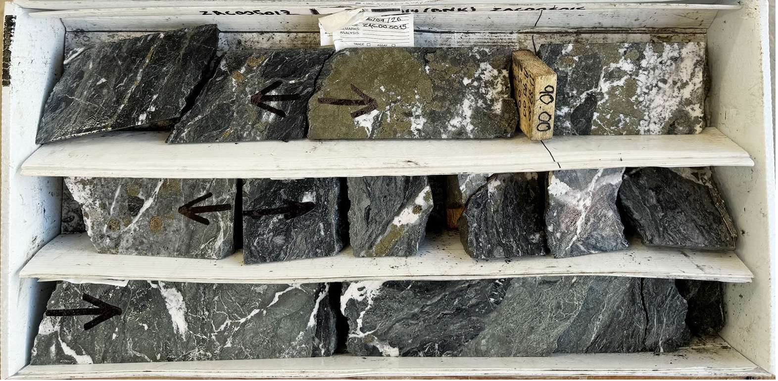 Massive pyrite and abundant clotted sphalerite and galena and multiphase quartz-carbonate veining. Hole CRI-2026-29: 89.60 to 91.08.
