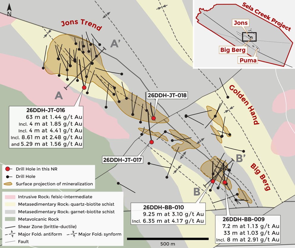 Plan view of Jons Trend and Big Berg with geological sections (Figures 2 to 3) lines indicated.
