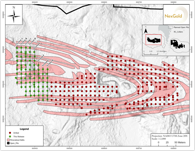 A map showing the location of drill holes reported in this press release and the associated cross sections.