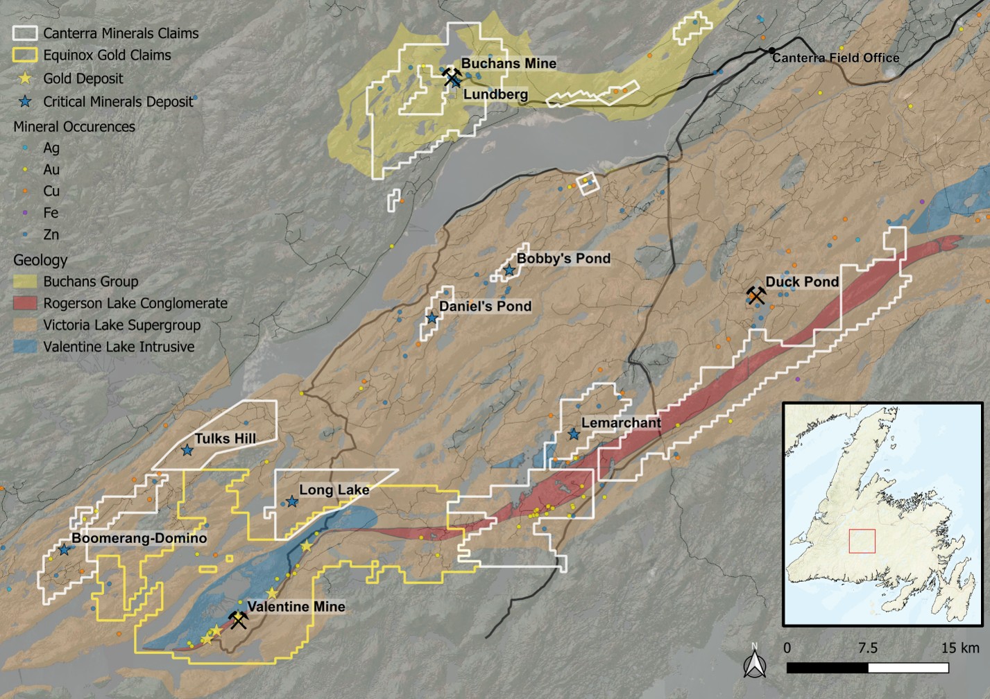 Canterra’s Central Newfoundland Mining District properties (geological boundaries - NL Geological Survey).