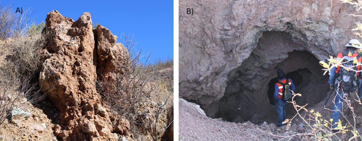A) Quartz-fluorite vein. B) Old mining works at La Lola.