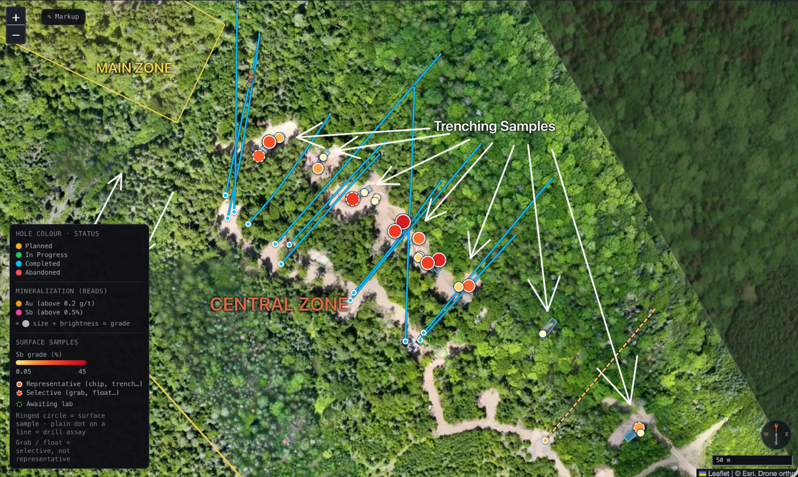 Location of Drill Holes and Trenches at the Central Zone, Bald Hill. Note the proximity to the Southern extent of the Main Zone.
