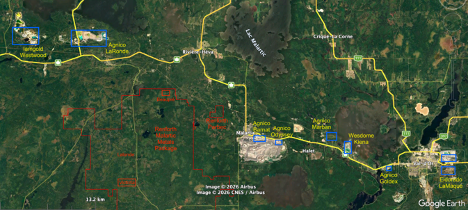 Location of the Renforth Parbec Property Relative to operating Mines in the region.