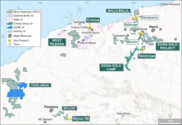 Novo Pilbara and Onslow District tenure showing significant prospects and location of the Wyloo Project in the southern Pilbara