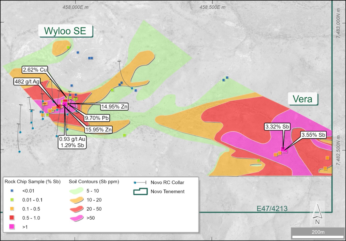 Surface sampling over the Vera prospect SE of the Wyloo SE prospect thematically mapped for antimony.