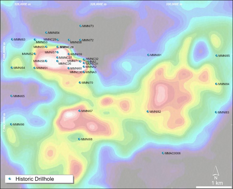 WMC drillhole locations at the Lobster prospect, underlain by aeromagnetic data.