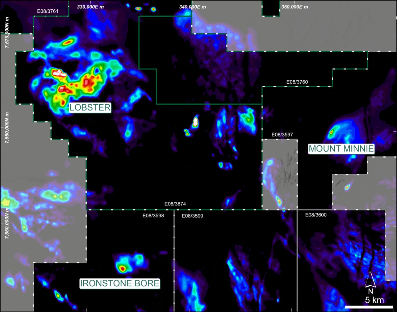 TMI RTP Hot Spot Magnetics identifying the Lobster, Ironstone Bore and Mount Minnie targets at the Toolunga Project.