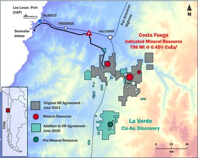 Figure 1. Location map of La Verde in relation to Costa Fuego, Huasco Valley, Chile. Hot Chili’s Costa Fuego tenement landholdings related to the Original OR royalty agreement shown in grey, and additions to the tenement holdings related to the new OR royalty agreement are shown in green. (CNW Group/Hot Chili Limited) Figure 1. Location map of La Verde in relation to Costa Fuego, Huasco Valley, Chile. Hot Chili’s Costa Fuego tenement landholdings related to the Original OR royalty agreement shown in grey, and additions to the tenement holdings related to the new OR royalty agreement are shown in green. (CNW Group/Hot Chili Limited)