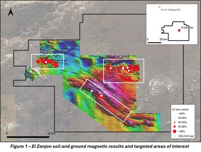 Figure 1 - El Zanjon soil and ground magnetic results and targeted areas of interest. (CNW Group/Targa Exploration Corp.) Figure 1 - El Zanjon soil and ground magnetic results and targeted areas of interest. (CNW Group/Targa Exploration Corp.)