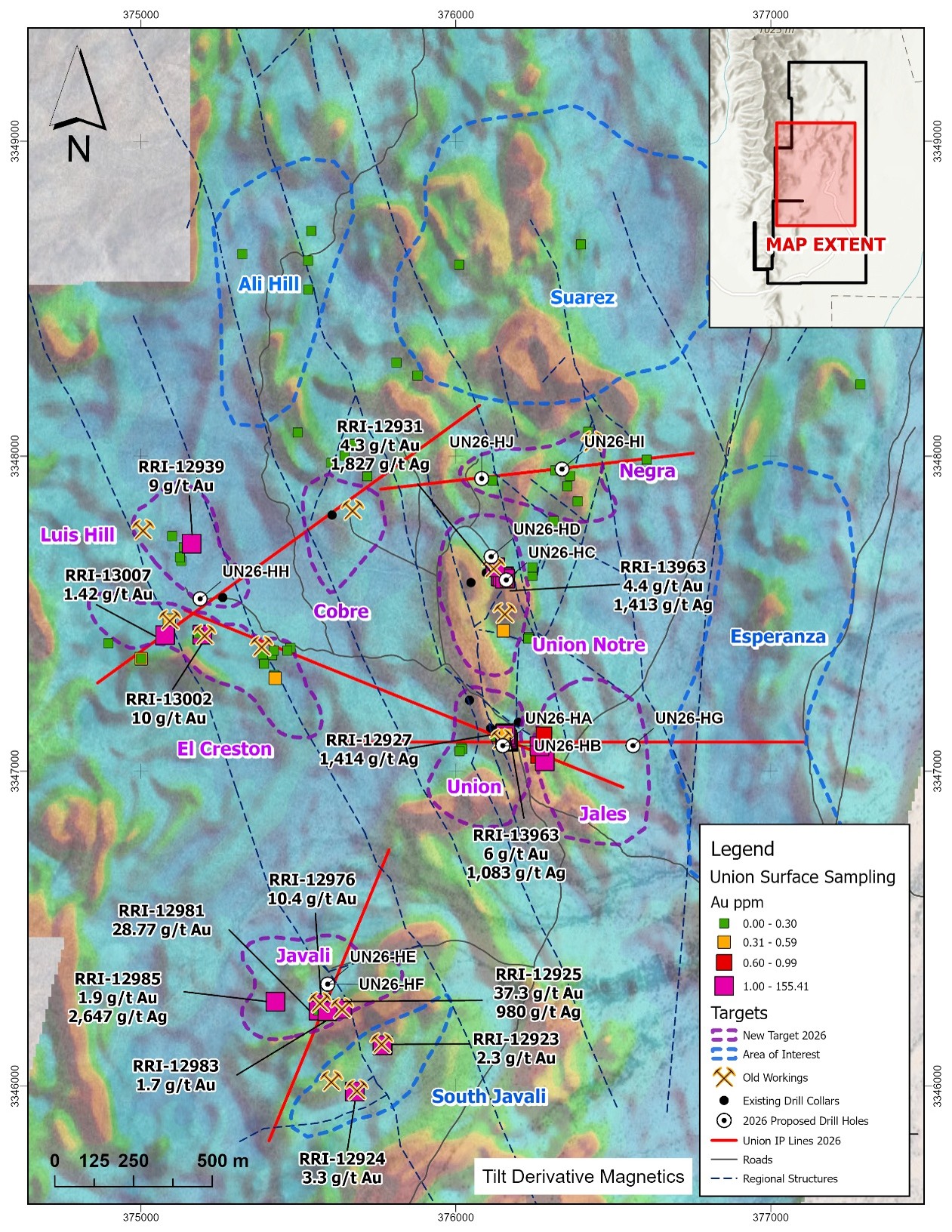 Figure 1: Map showing the integration of geophysics from the drone aeromagnetic survey and IP lines, along with assay data collected during Riverside'