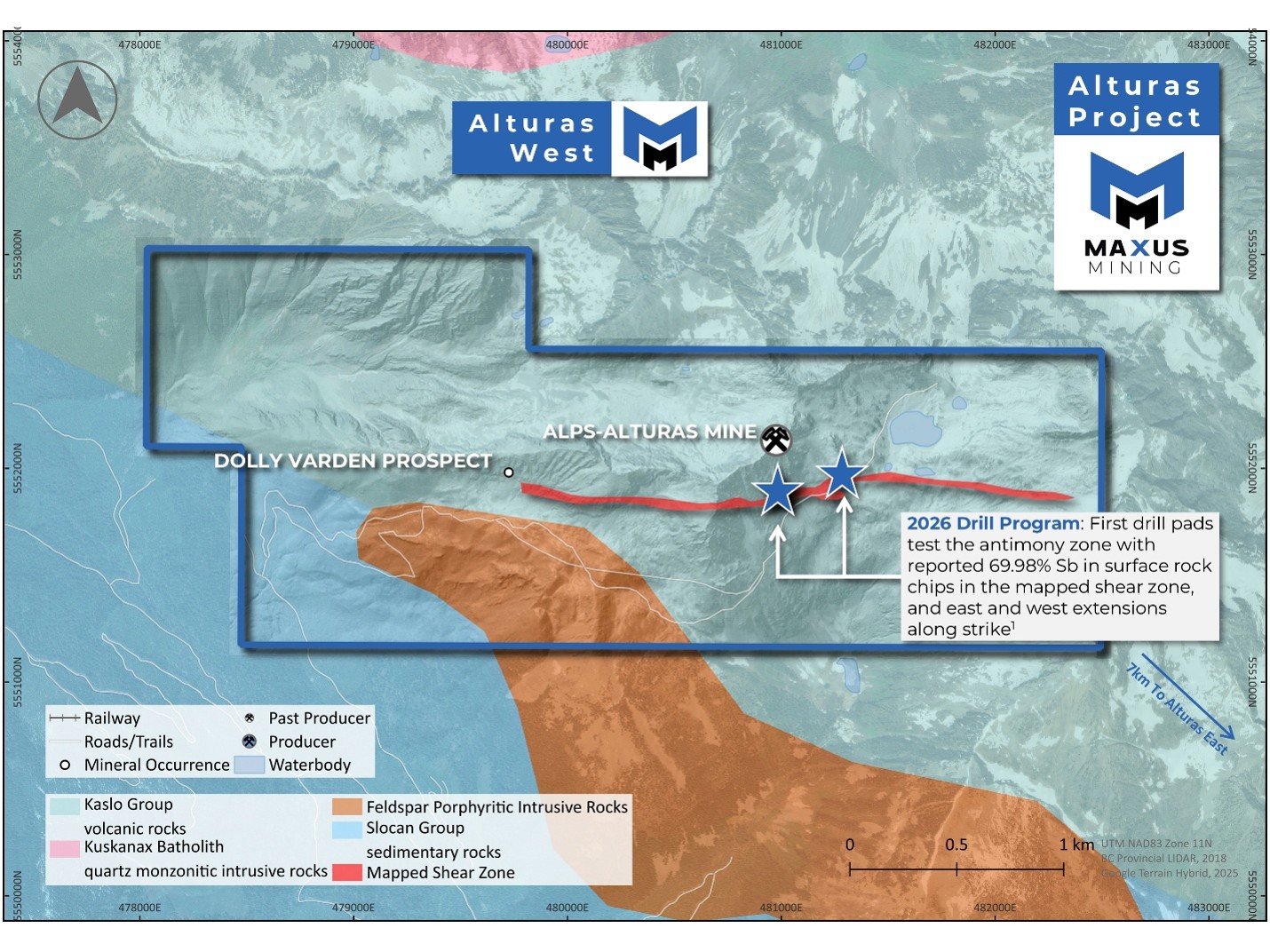 Alturas West Project showing the location of the first drill pads designed to test the antimony-bearing shear zone associated with surface rock chip samples returning up to 69.98% Sb
