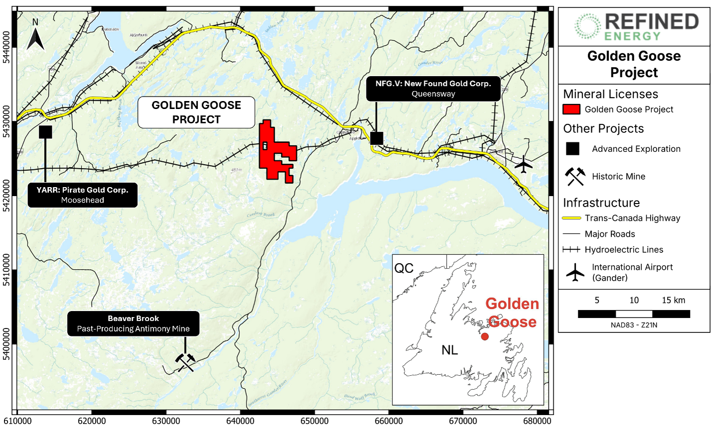 Figure 1: Location of the Golden Goose Project, consisting of 93 mineral claims in central Newfoundland. The map outlines the Project boundary and sho