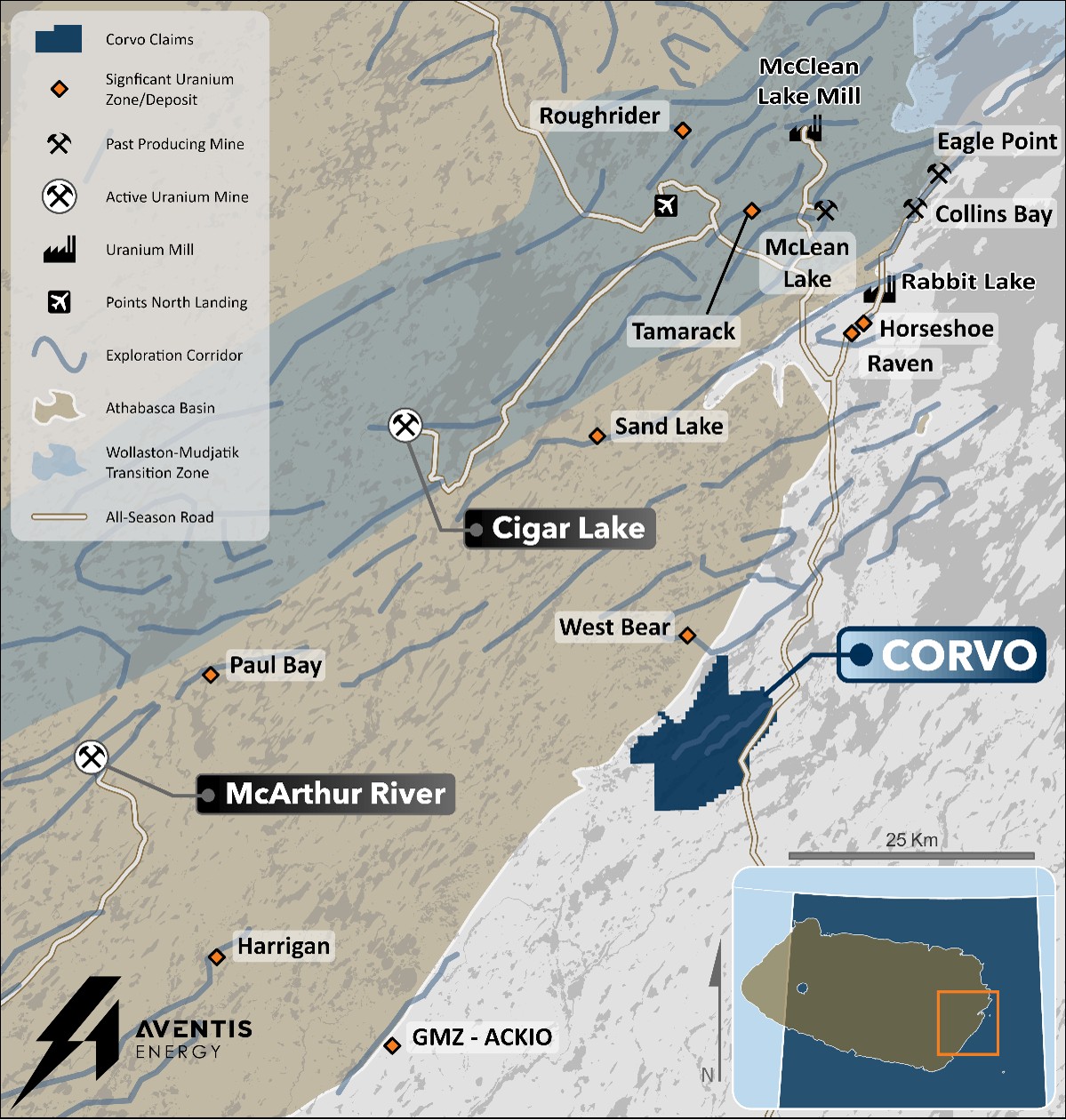 Regional overview of the Corvo Project in the eastern Athabasca Basin region.