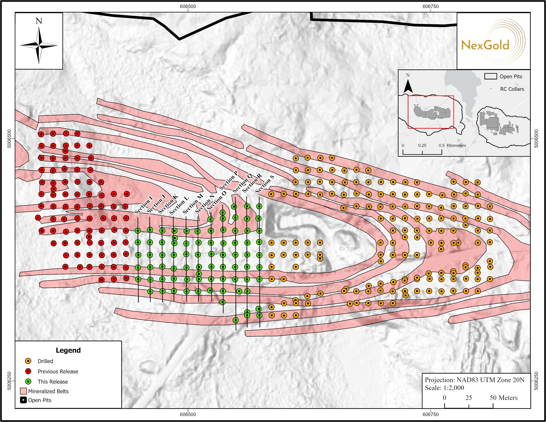 A map showing the location of drill holes reported in this news release and the associated cross sections.