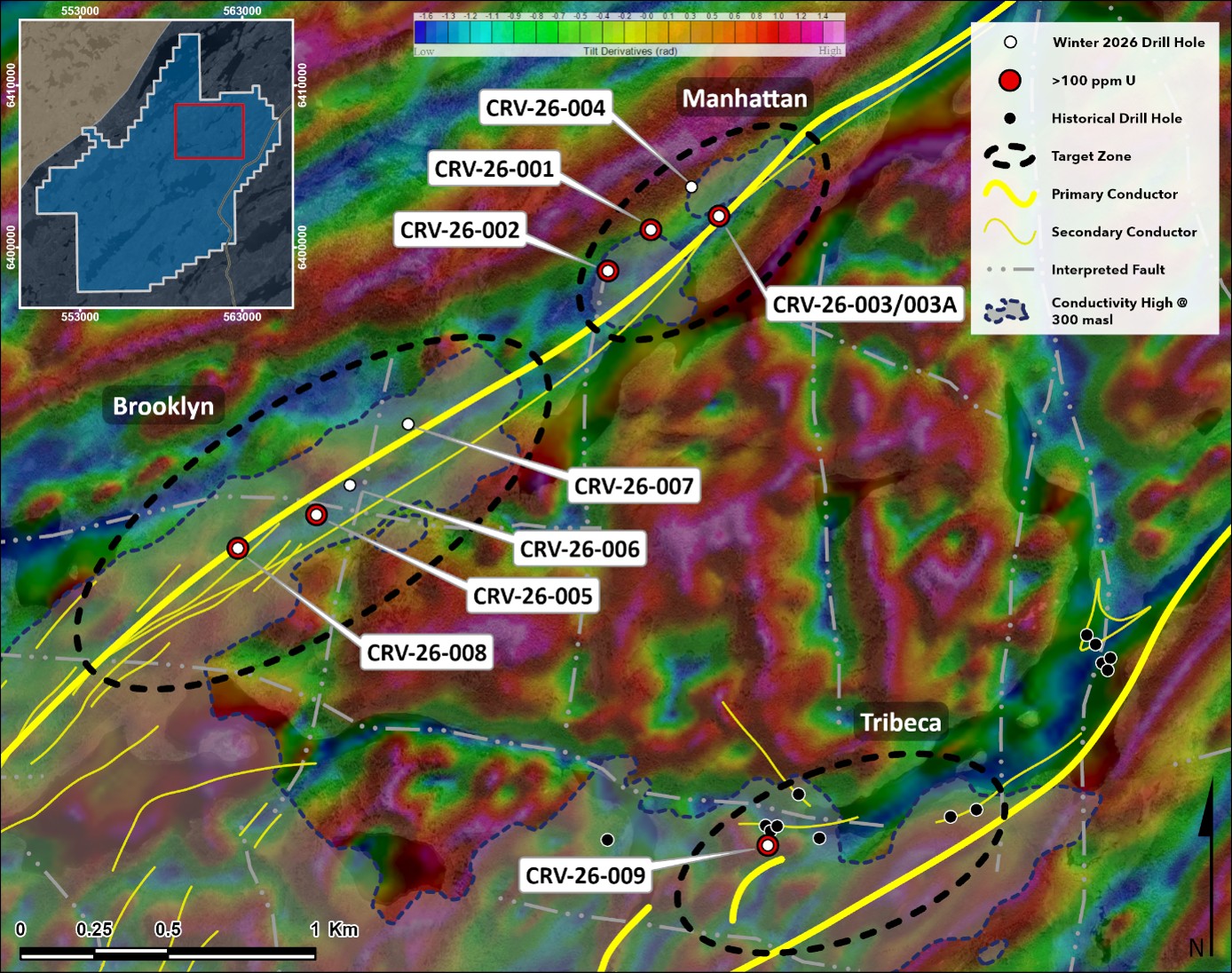 Corvo Project overview highlighting drill holes with intervals of enriched uranium >100 ppm U across high-priority target areas drilled during the winter 2026 Program.