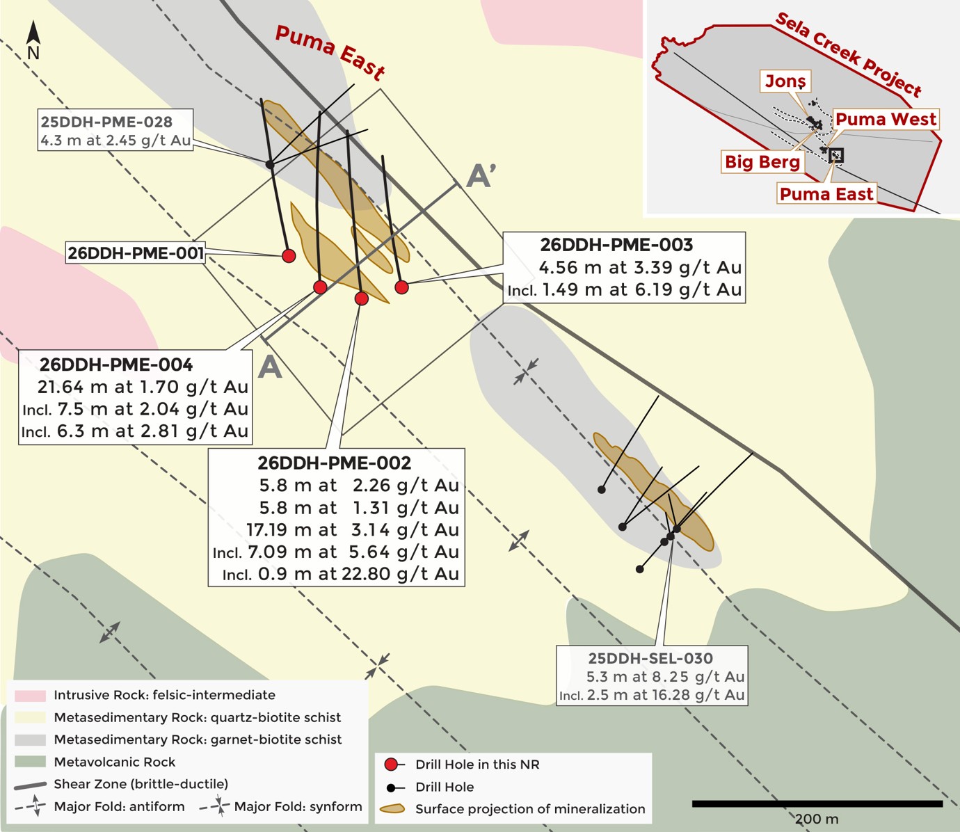 Plan view of Puma East. Note the location of geological section A-A’ of figure 3. The dashed lines depict fold axis that trend towards 2025 drilling