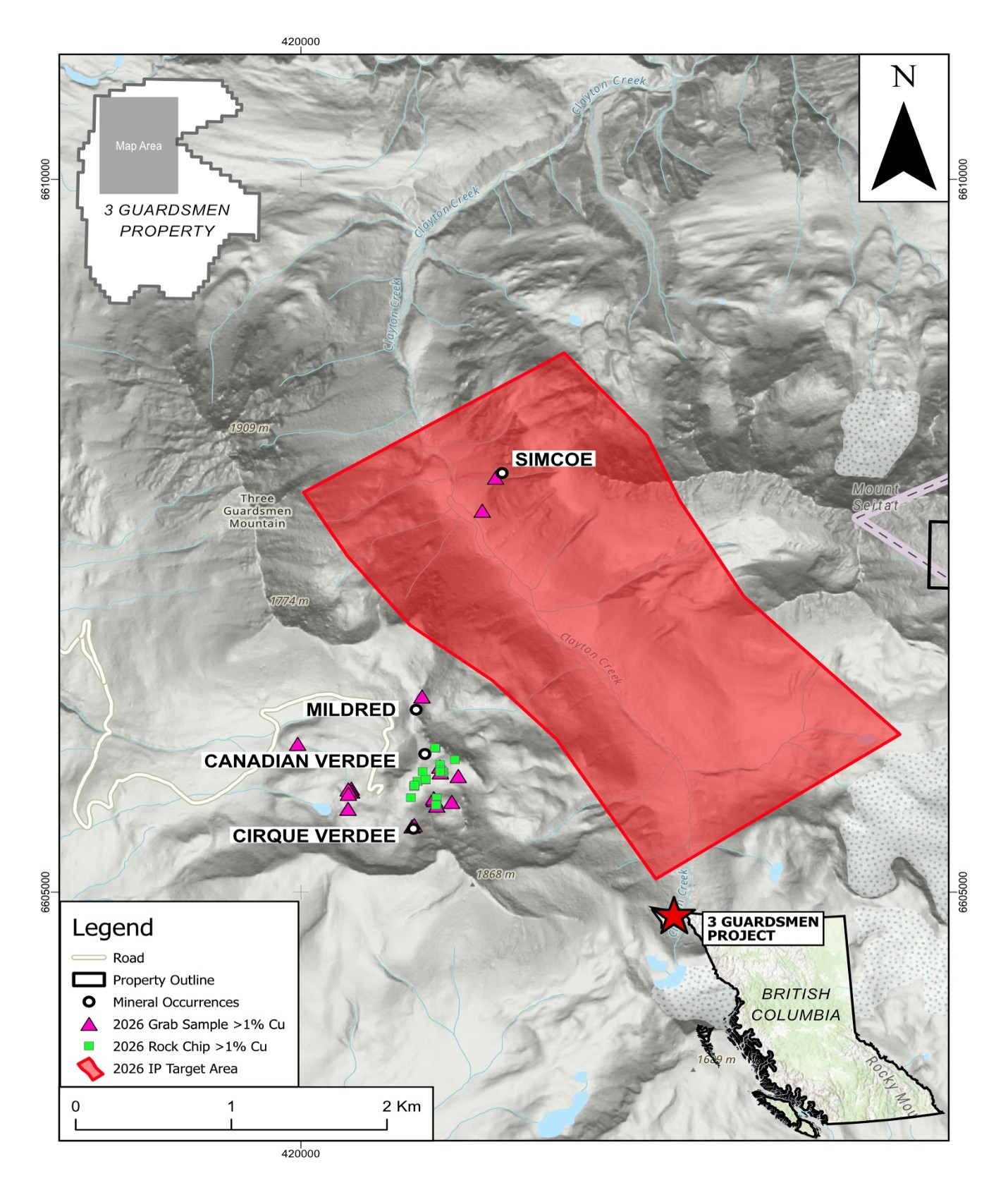 Location of the completed 2026 induced polarization survey lines relative to previously reported high-grade copper occurrences and priority exploration targets at the Three Guardsmen Project.